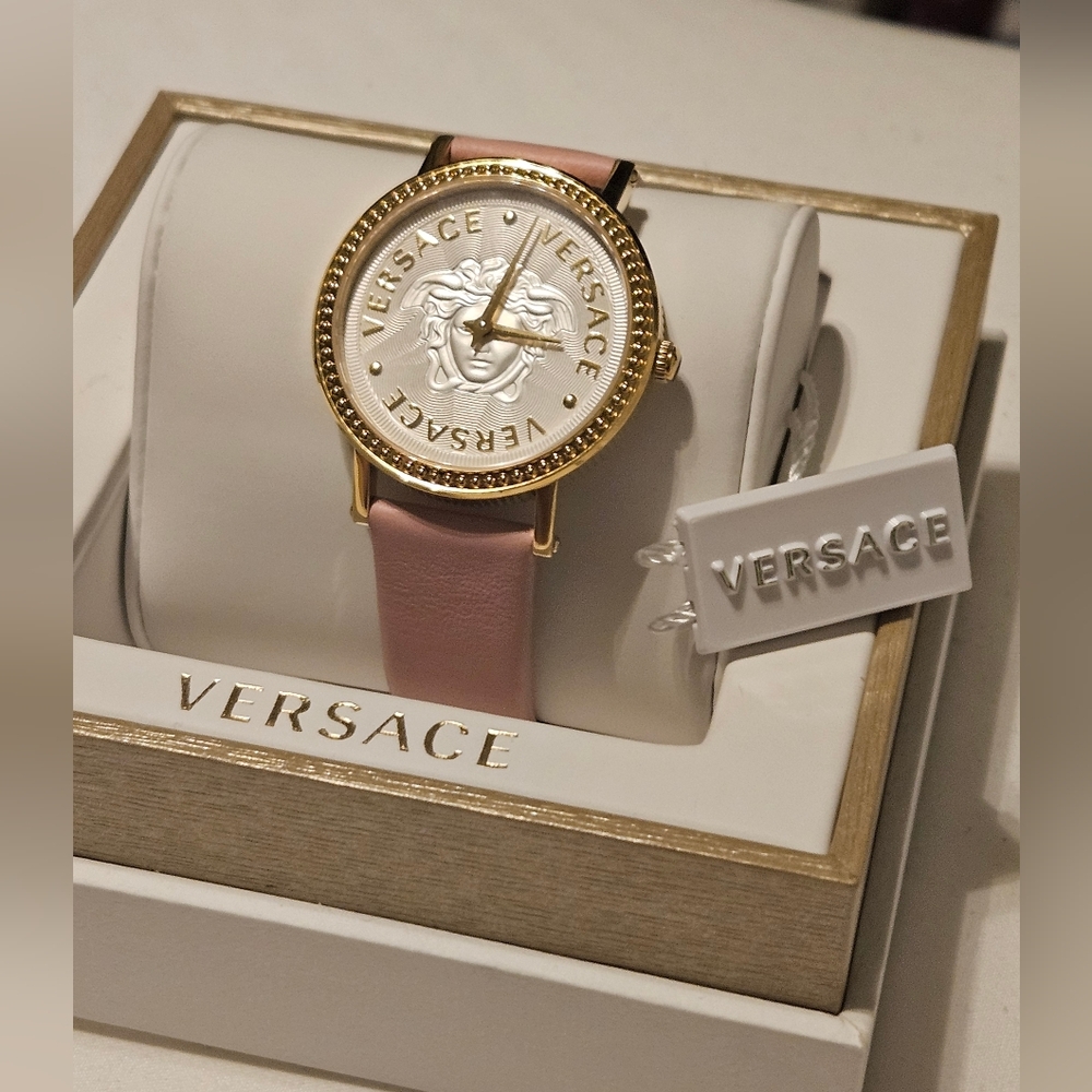 Versace Pink Leather Strap Gold-Tone Medusa Dial Watch